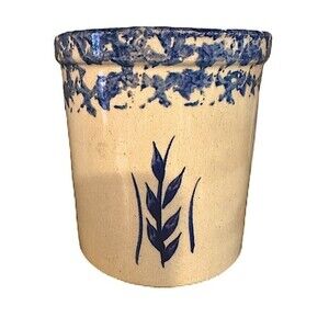 Vintage Robinson Ransbottom Roseville Blue Spongeware Wheat Pattern 2Qt High Jar